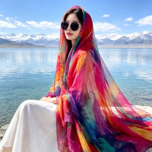 加大旅游民族风彩色印花丝巾女长款轻薄纱巾披肩百搭拍照沙滩围巾