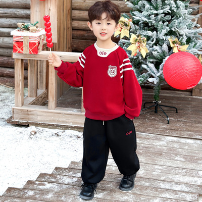 男童秋冬款加绒卫衣套装2025新款洋气儿童冬季红色喜庆宝宝年服潮