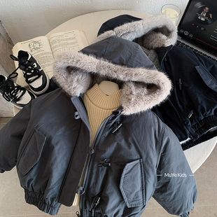 木野儿童冬季加绒棉服外套湖州织里童装男童韩版连帽加厚保暖上衣