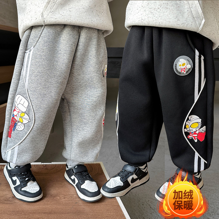 男童冬装拉条奥特曼加绒裤子2025新款韩版儿童加厚卫裤中小童棉裤