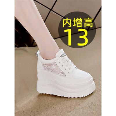 香港正品百搭真皮女鞋内增高13CM小白鞋小个厚底网面黑色四季鞋女