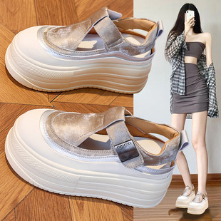 百搭 镂空透气休闲小白鞋 香港品牌女鞋 内增高7CM厚底防滑真皮新款