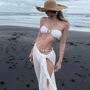 bikini辣妹小胸聚拢纯欲度假性感比基尼三件套款 白色分体游泳衣女