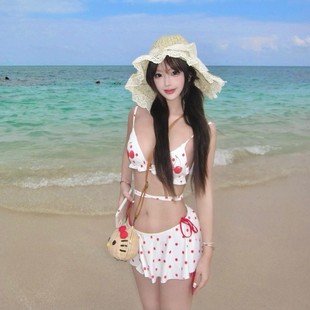 日系韓版 比基尼泳衣 櫻桃波點甜美性感辣妹海邊度假聚攏三件套裙式