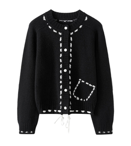 大表姐同款 100%山羊绒 圆领虚线提花抽绳开衫 羊绒衫女