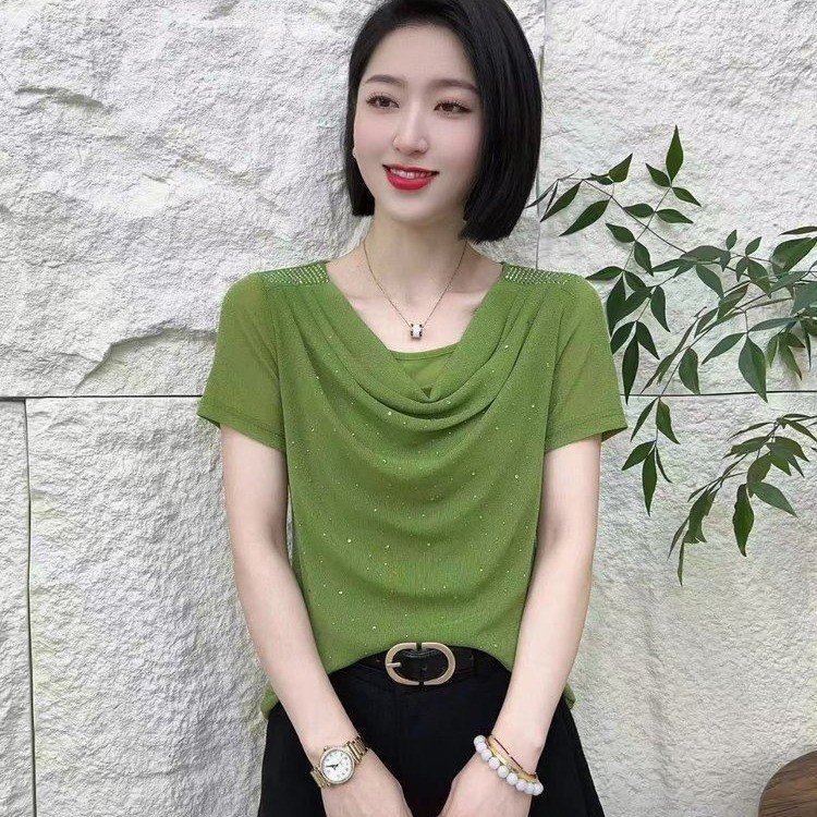 堆堆领弹力网纱短袖上衣女夏季新款显瘦时尚气质小衫百搭打底衫潮