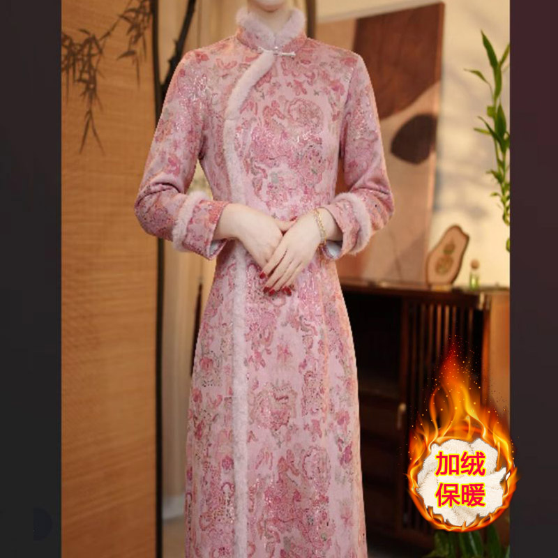 新中式加绒旗袍连衣裙立领洋气