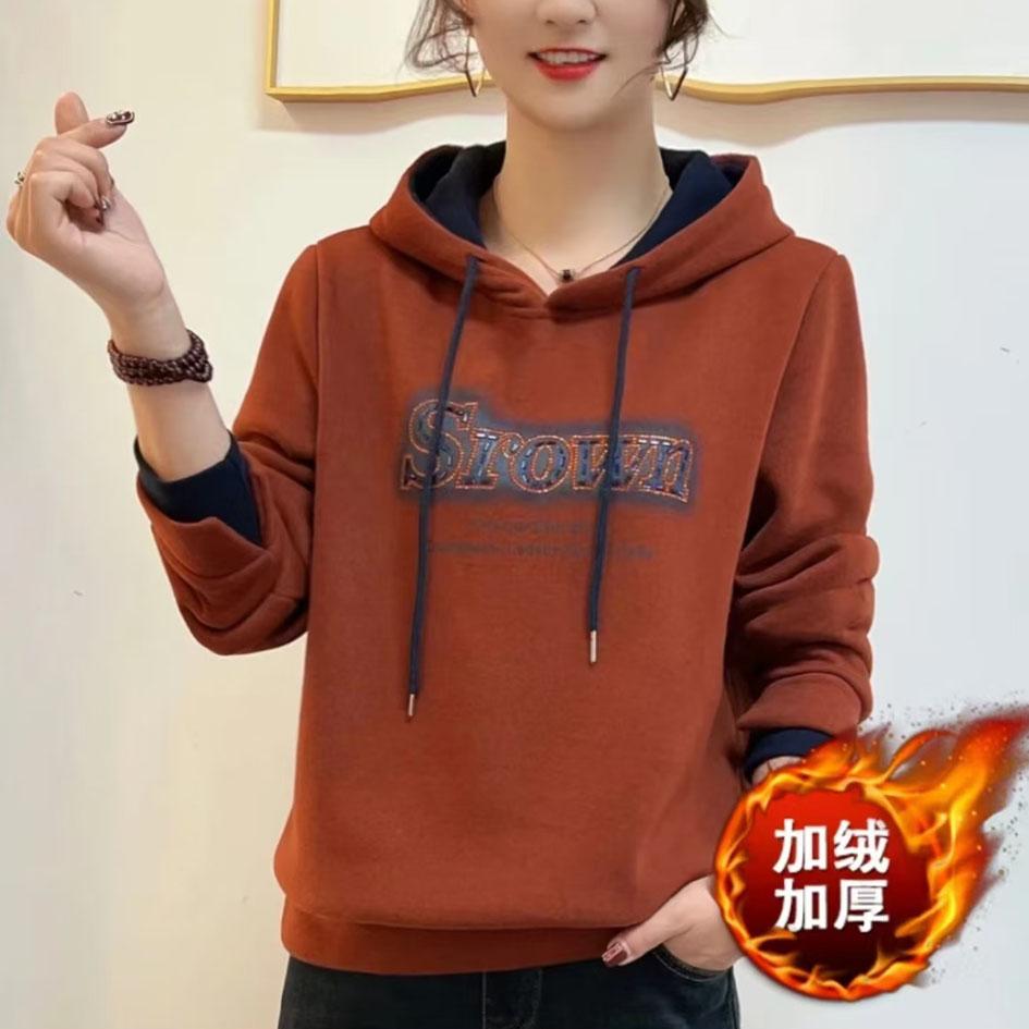 洋气字母烫钻加绒连帽卫衣