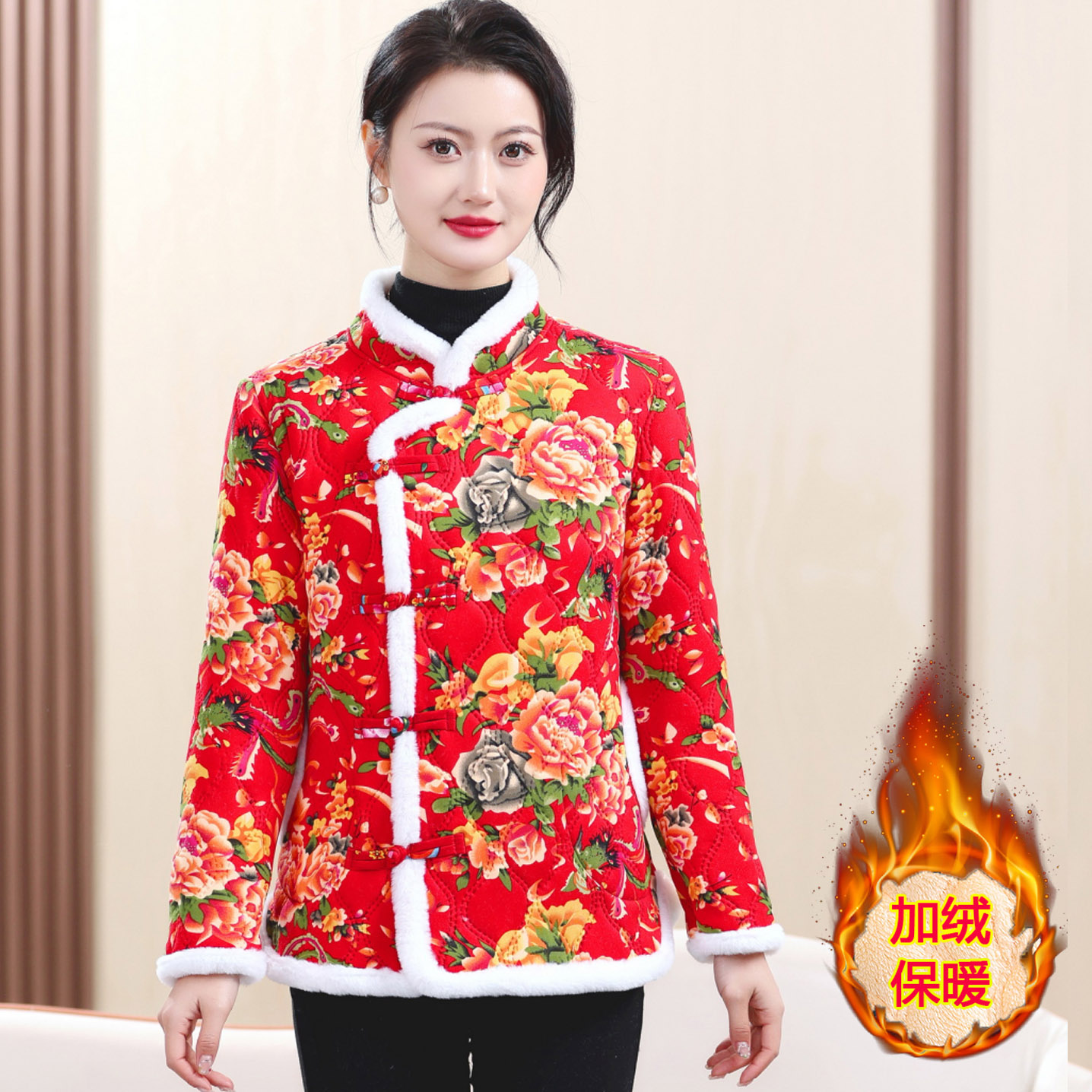 妈妈装棉服短款民族风东北花棉袄中老年女装加绒加厚复古盘扣棉衣