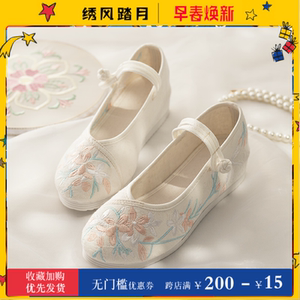 汉服鞋子女古风内增高圆头淡雅老北京绣花茶艺布鞋冬季加绒配明制