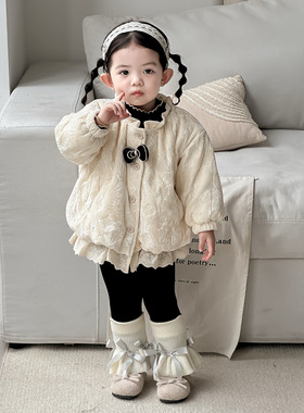 点兮2025秋冬新款婴幼儿绗棉丝绒外套套装女宝开衫毛衣裤子三件套