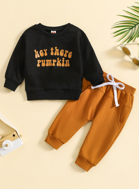 跨境婴幼儿中性男女婴童字母印花长袖上衣+橙色长裤套装