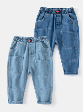 中腰蓝色拼接口袋男童牛仔长裤 春季休闲户外柔软棉质牛仔长裤