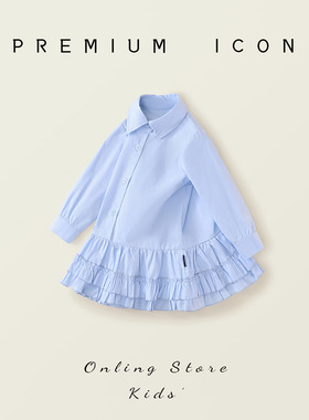 女童蓝色百褶花边连衣裙2025春季新款中小童韩版休闲风翻领衬衫裙