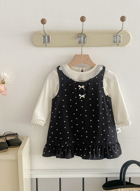 点兮童装女宝宝春秋新款黑色波点背心裙女童花边打底衫洋气两件套