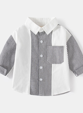 春季儿童拼色休闲衬衫 翻领帅气长袖衬衫 灰色条纹男童潮流衬衫