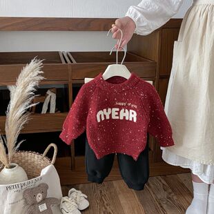 点兮冬季新款婴幼儿加厚字母毛衣套装宝宝雪花针织衫休闲裤两件套