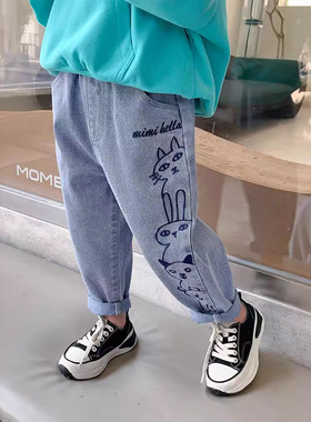 春秋装新款绣花长裤女童宝宝裤子儿童休闲柔软牛仔裤Jean fille