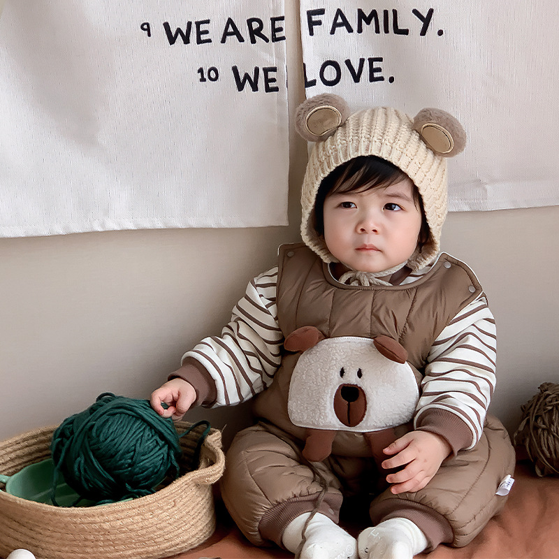 婴儿衣服秋冬装连体衣套装加绒加厚条纹卫衣男宝宝超萌外出服爬服