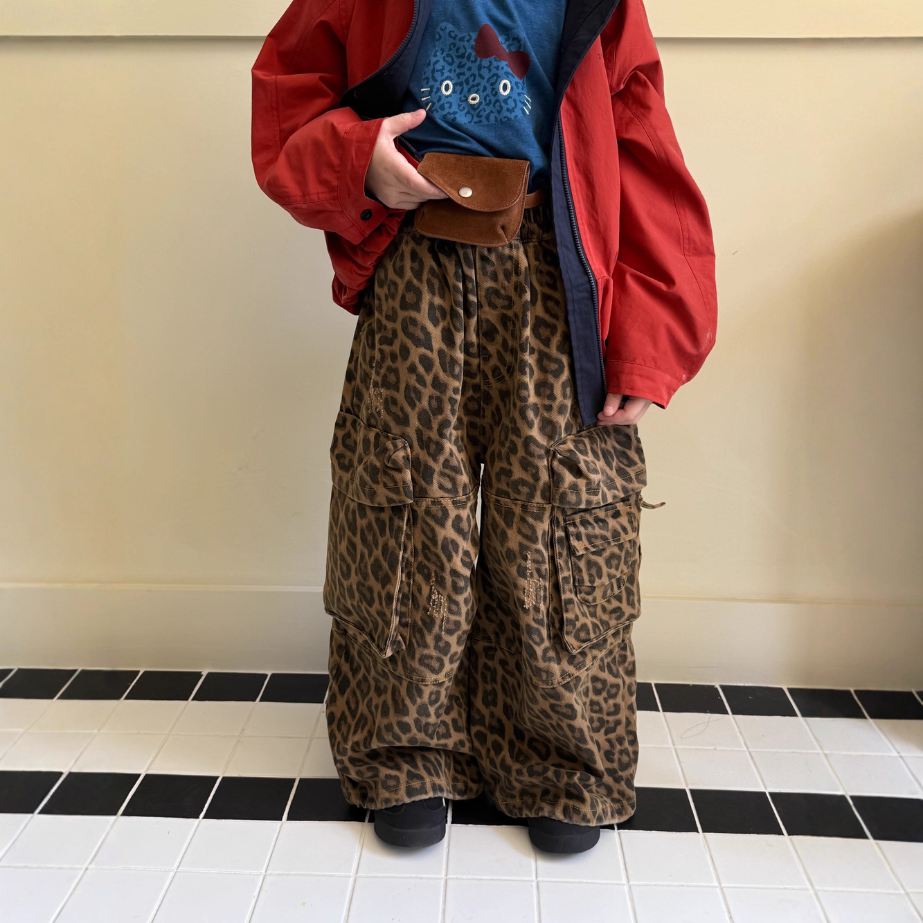 童裤2025秋季女宝宝韩版豹纹大口袋工装直筒裤儿童百搭休闲阔腿裤