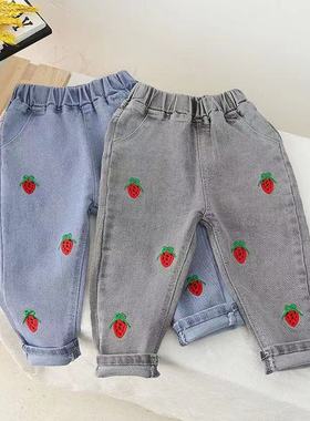 春秋装女童牛仔裤新款韩版洋气女宝宝春秋款烟灰色裤子外穿宽松