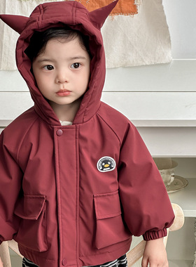 点兮2025冬季新款婴幼儿加绒加厚工装连帽外套套装开衫裤子两件套