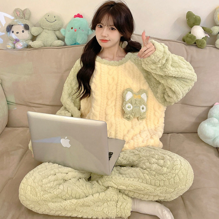 亲子睡衣秋冬季儿童珊瑚绒加绒加厚母女童法兰绒家居服大童套装11