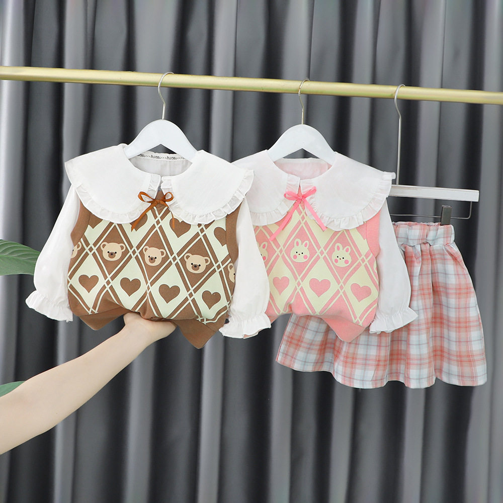 4211儿童秋装新款学院风女童毛衣背心马甲衬衫三件套中小童套装裙