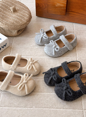 ins法式小皮鞋2025春秋季新款韩版女童毛毡蝴蝶结公主鞋软底单鞋