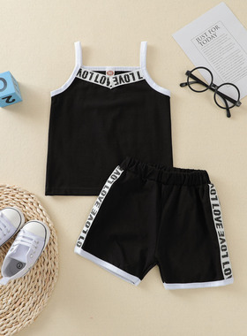 速卖通ins童装爆款欧美婴童黑色拼字母印花吊带上衣短裤两件套