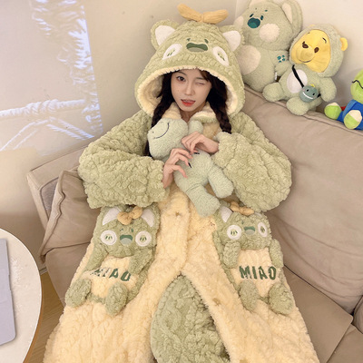 睡袍三层夹棉套装冬款加绒加厚少女初中生睡衣长款睡袍卡通保暖家