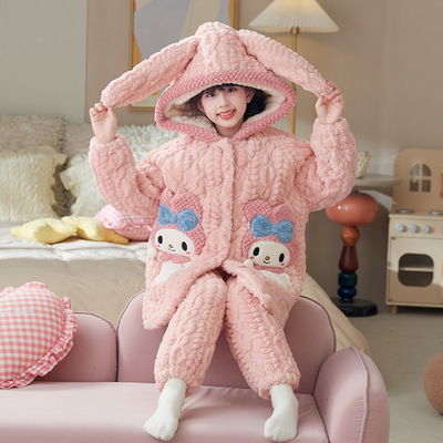 儿童睡衣女童三层夹棉珊瑚绒加厚12长款睡袍冬季法兰绒家居服套装