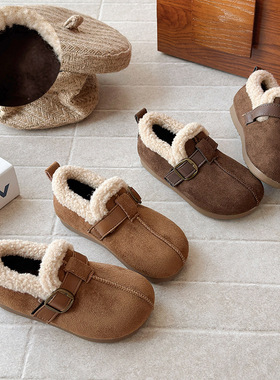 ins法式复古磨砂勃肯鞋2025冬季新款韩版女童一脚蹬加绒保暖棉鞋