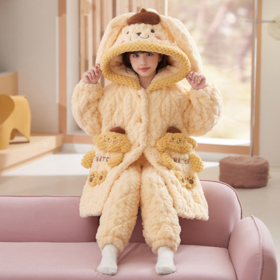 冬款儿童睡衣女孩12月新款秋冬季女童加绒加厚珊瑚绒三层夹棉套装