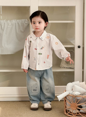 点兮春季新款婴幼儿满印卡通衬衫套装男宝宝衬衣开衫牛仔裤两件套