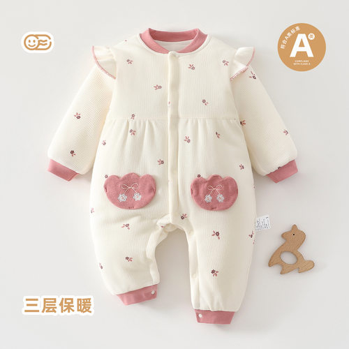 新生婴儿衣服秋冬季女宝宝可爱花边连体衣满月百天哈衣外出服80克