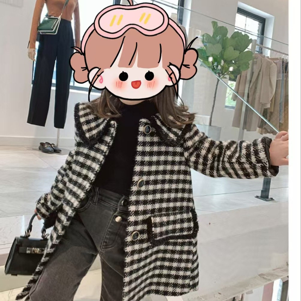 韩版新款女童外套春秋季宝宝呢大衣黑白格子中长款大翻领儿童上衣