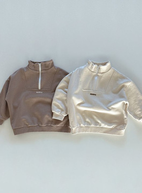 童装卫衣韩国春季新品2025秋纯色高领棉质休闲上衣男女童中小宝宝