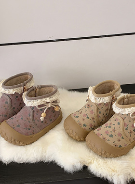 儿童棉鞋雪地靴冬季保暖女童雪地棉宝宝加绒皮靴印花甜美洋气短靴