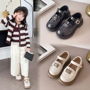 儿童皮鞋2024秋季新款中大金属扣黑色休闲百搭小皮鞋女童单鞋防滑