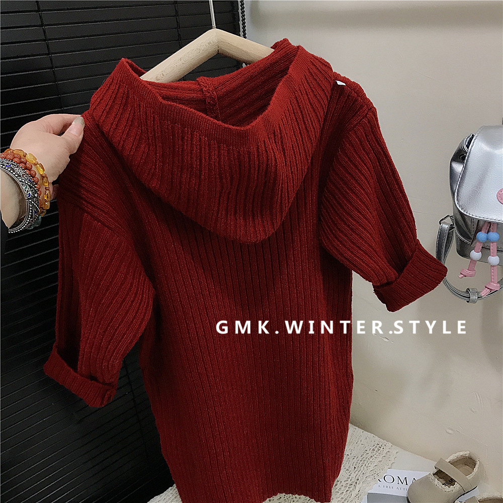 女童慵懒风裙子秋冬季加厚连帽针织连衣裙新款宽松版毛衣长裙外贸