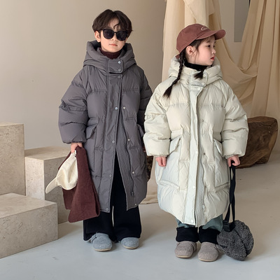 儿童羽绒服男女童韩版纯色中长款连帽儿童加厚保暖外套湖州织里