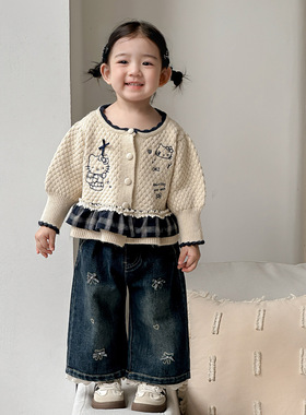 点兮2025秋季新款婴幼儿针织开衫套装女宝宝毛衣外套牛仔裤两件套