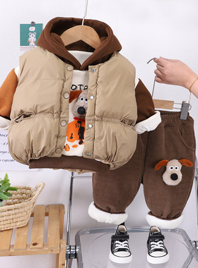 2023冬季新款男童套装1-5岁休闲棉马甲加绒加厚三件套宝宝衣服潮3