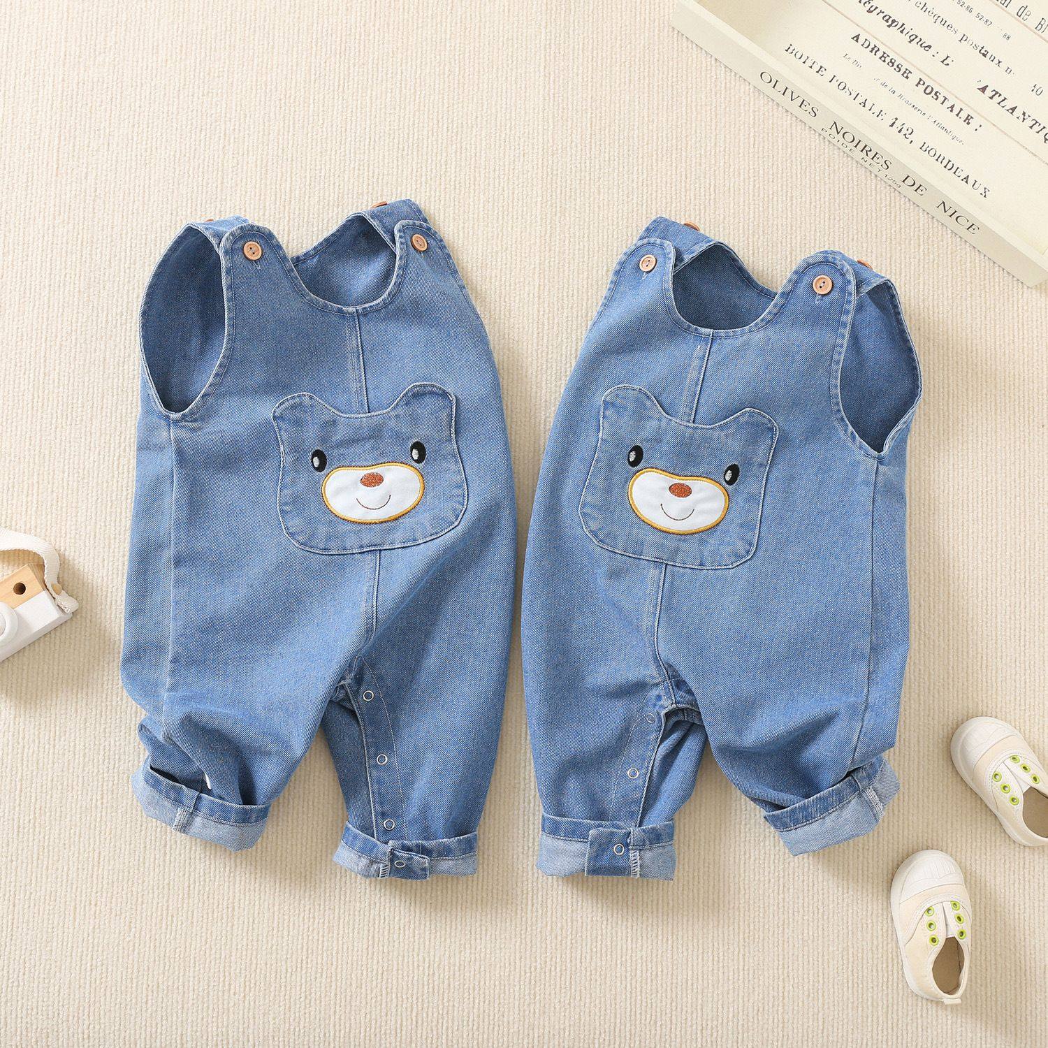 婴儿连体春秋男女宝宝无袖裤子背心式男儿童牛仔背带裤哈衣连体裤