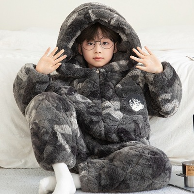 儿男童冬季新款三层夹棉加绒加厚中大童家居服套装珊瑚绒加厚连帽