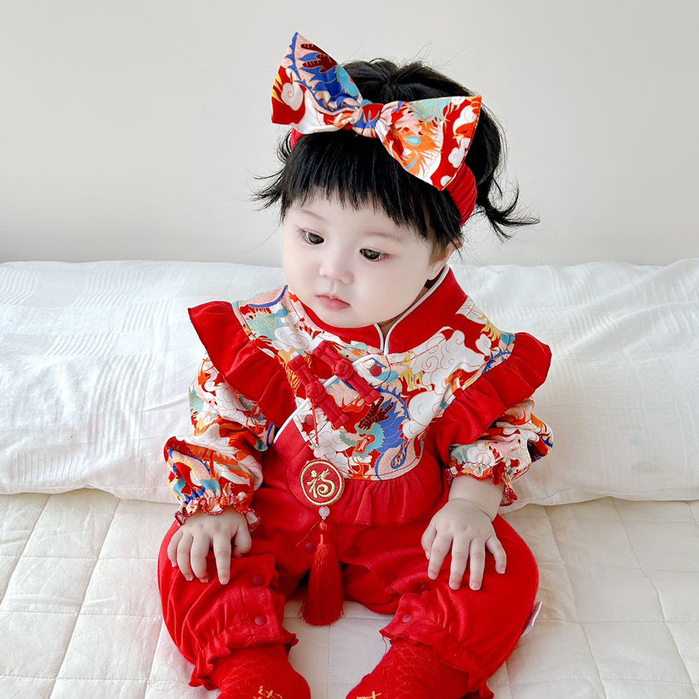婴儿纯棉连体衣2025春季中国风周岁喜庆爬服女宝春秋中式哈衣3871