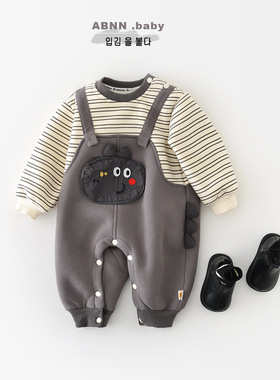 男童秋冬连体衣宝宝条纹拼接加绒假两件爬服儿童一体绒冬装55576