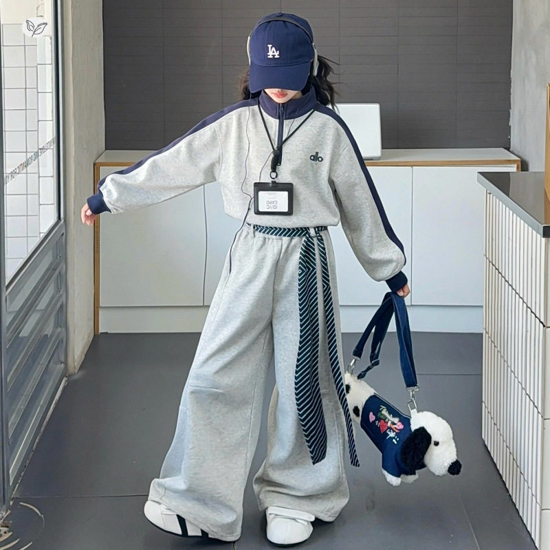 女童2025年秋冬新款韩版卫衣套装中大童加厚织带卫裤阔腿裤两件套