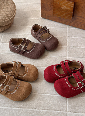 ins勃肯小皮鞋2025秋冬季新款韩版女童加绒磨砂公主鞋软底豆豆鞋